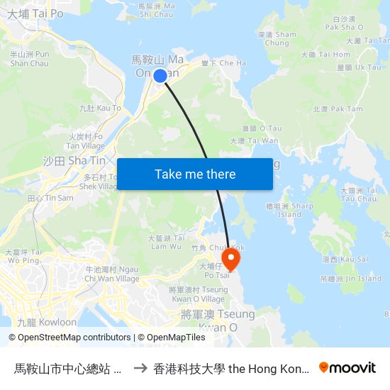 馬鞍山市中心總站 MA on Shan Town Centre B/T to 香港科技大學 the Hong Kong University Of Science And Technology map