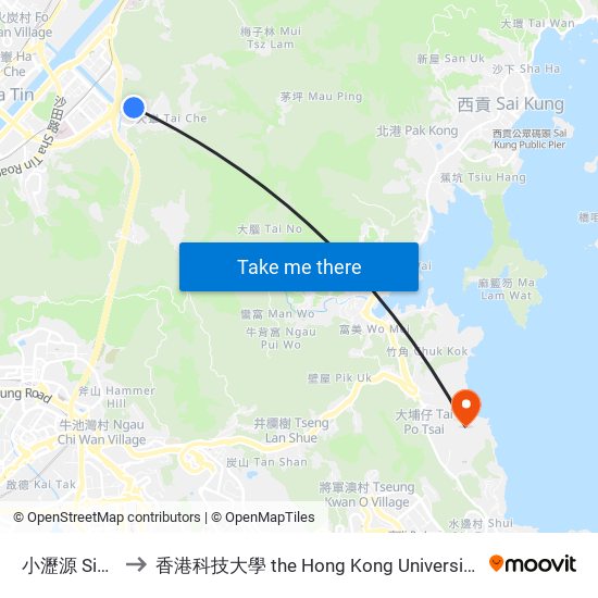 小瀝源 Siu Lek Yuen to 香港科技大學 the Hong Kong University Of Science And Technology map