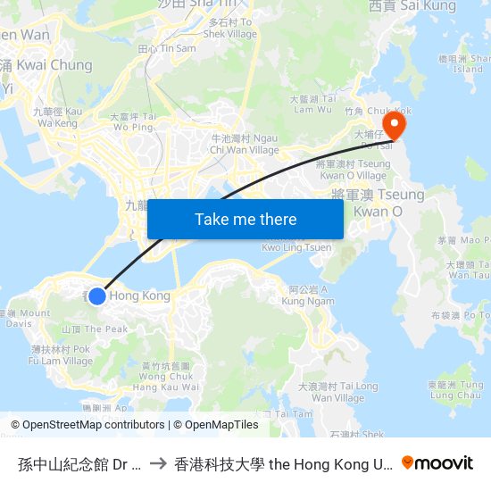 孫中山紀念館 Dr Sun Yat-Sen Museum to 香港科技大學 the Hong Kong University Of Science And Technology map