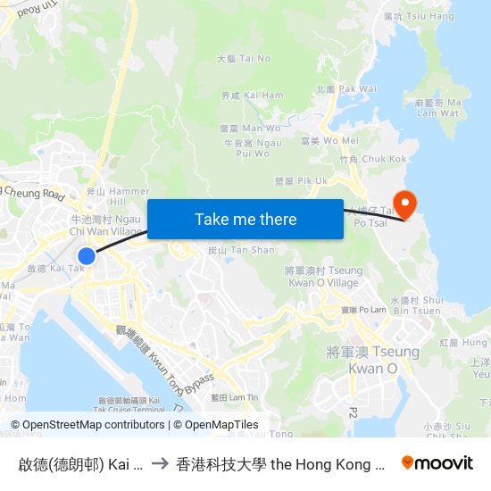 啟德(德朗邨) Kai Tak (Tak Long Estate) to 香港科技大學 the Hong Kong University Of Science And Technology map
