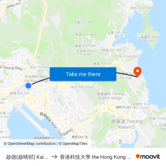 啟德(啟晴邨) Kai Tak (Kai Ching Estate) to 香港科技大學 the Hong Kong University Of Science And Technology map