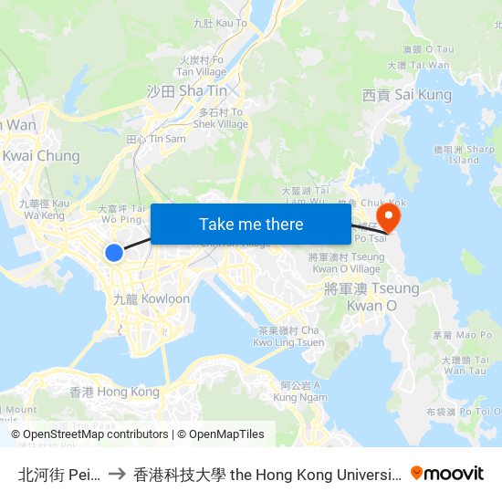 北河街 Pei Ho Street to 香港科技大學 the Hong Kong University Of Science And Technology map