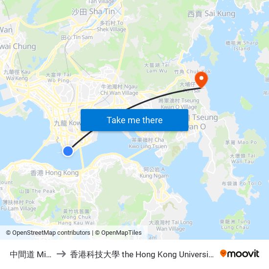 中間道 Middle Road to 香港科技大學 the Hong Kong University Of Science And Technology map