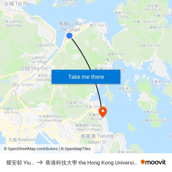 耀安邨 Yiu on Estate to 香港科技大學 the Hong Kong University Of Science And Technology map