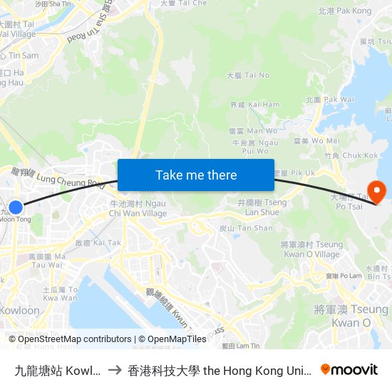 九龍塘站 Kowloon Tong Station to 香港科技大學 the Hong Kong University Of Science And Technology map