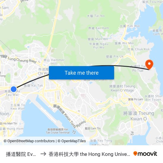 播道醫院 Evangel Hospital to 香港科技大學 the Hong Kong University Of Science And Technology map