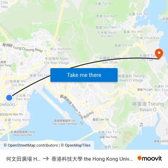 何文田廣場 Homantin Plaza to 香港科技大學 the Hong Kong University Of Science And Technology map