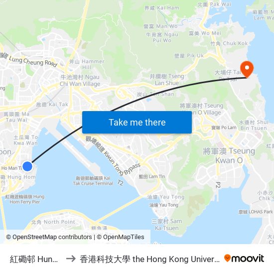 紅磡邨 Hung Hom Estate to 香港科技大學 the Hong Kong University Of Science And Technology map