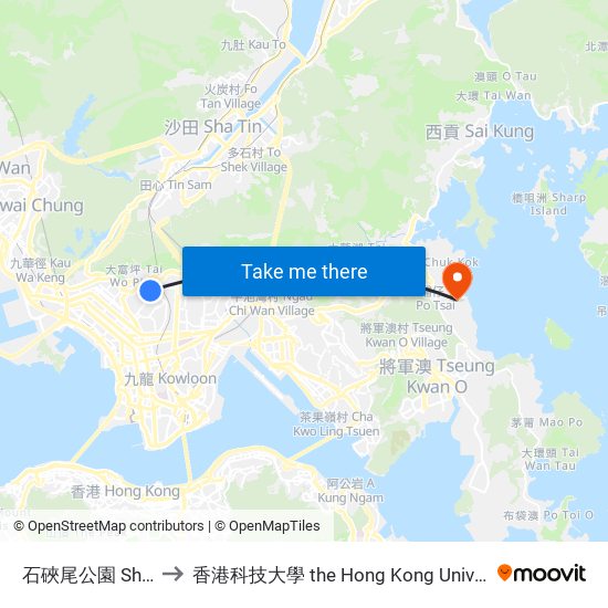 石硤尾公園 Shek Kip Mei Park to 香港科技大學 the Hong Kong University Of Science And Technology map