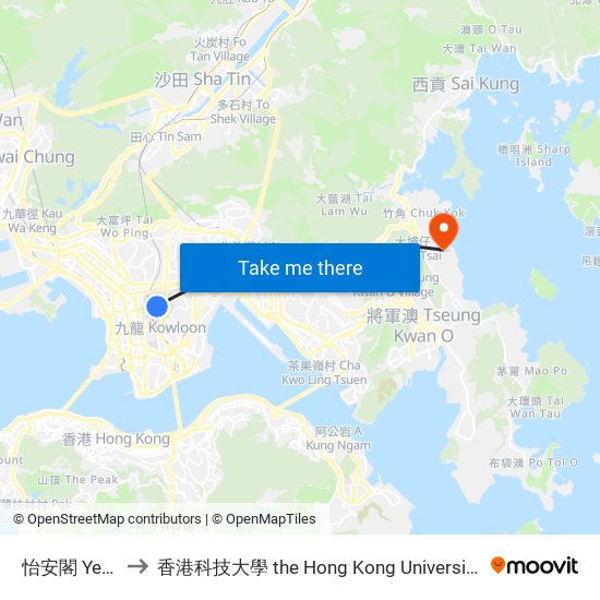怡安閣 Yee on Court to 香港科技大學 the Hong Kong University Of Science And Technology map