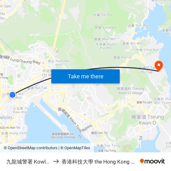 九龍城警署 Kowloon City Police Station to 香港科技大學 the Hong Kong University Of Science And Technology map