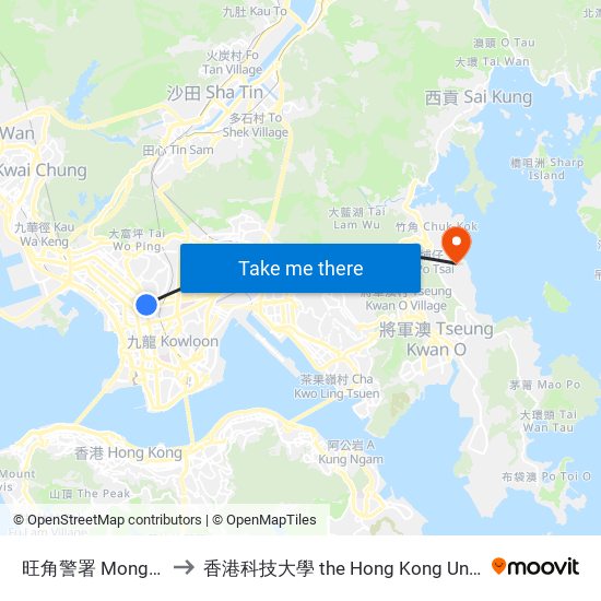 旺角警署 Mong Kok Police Station to 香港科技大學 the Hong Kong University Of Science And Technology map