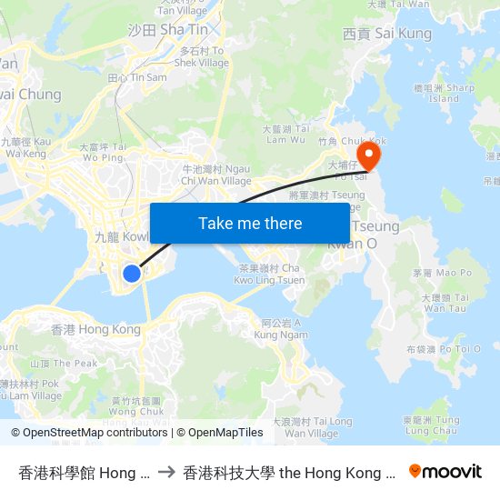 香港科學館 Hong Kong Science Museum to 香港科技大學 the Hong Kong University Of Science And Technology map