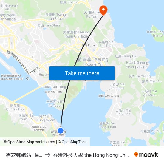 杏花邨總站 Heng Fa Chuen B/T to 香港科技大學 the Hong Kong University Of Science And Technology map