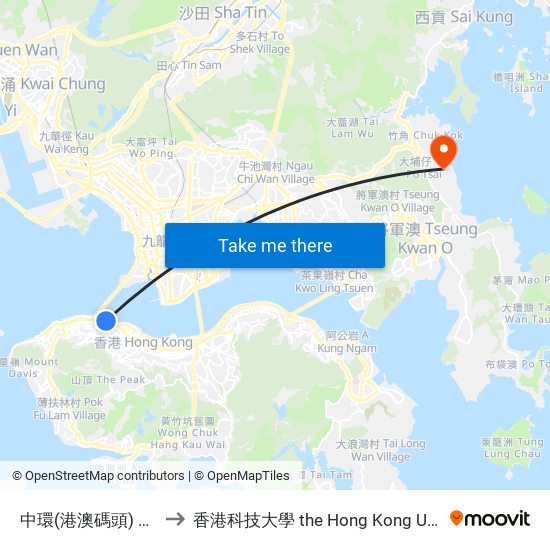 中環(港澳碼頭) Central (Macau Ferry) to 香港科技大學 the Hong Kong University Of Science And Technology map