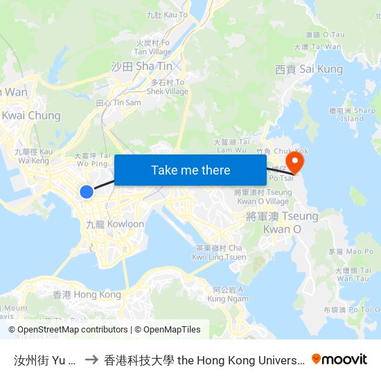 汝州街 Yu Chau Street to 香港科技大學 the Hong Kong University Of Science And Technology map