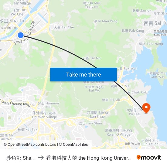 沙角邨 Sha Kok Estate to 香港科技大學 the Hong Kong University Of Science And Technology map