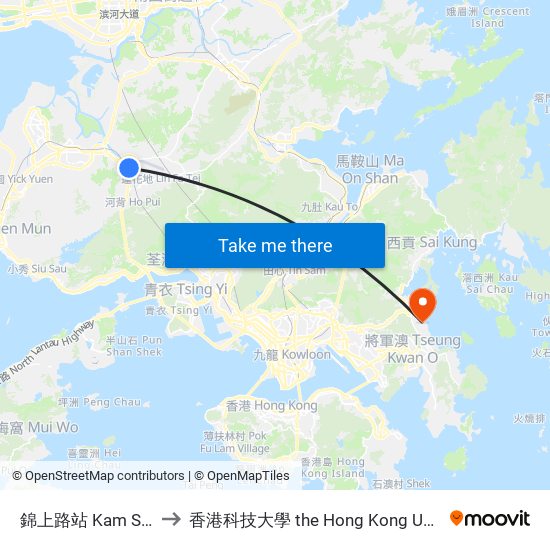 錦上路站 Kam Sheung Road Station to 香港科技大學 the Hong Kong University Of Science And Technology map