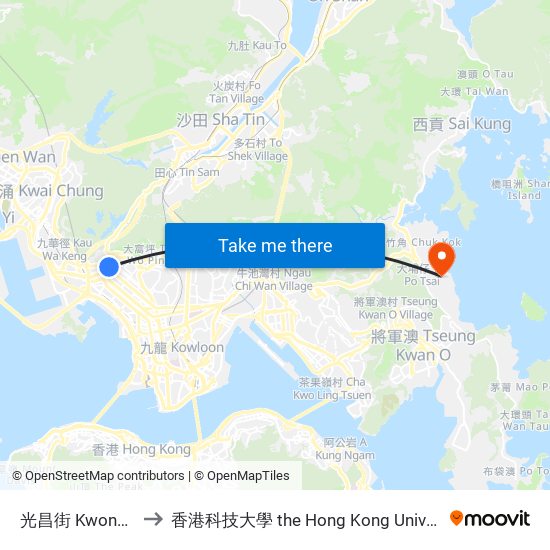 光昌街 Kwong Cheung Street to 香港科技大學 the Hong Kong University Of Science And Technology map
