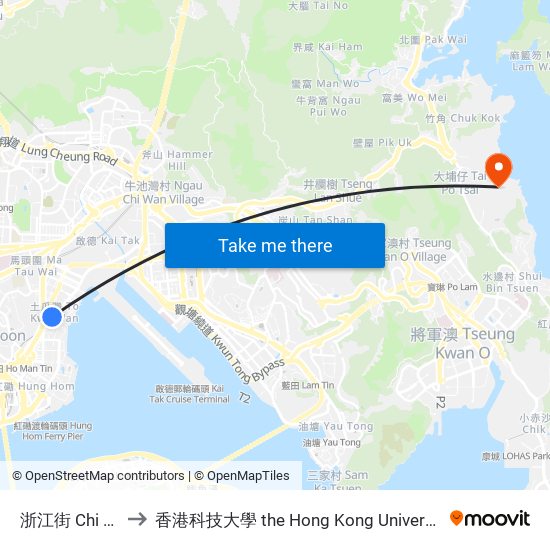 浙江街 Chi Kiang Street to 香港科技大學 the Hong Kong University Of Science And Technology map