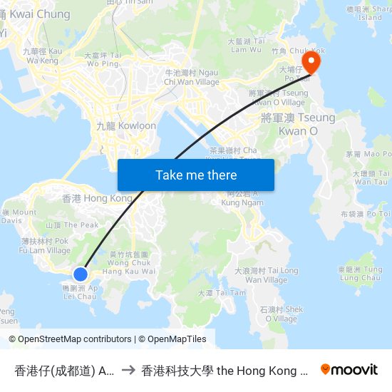 香港仔(成都道) Aberdeen (Chengtu Rd.) to 香港科技大學 the Hong Kong University Of Science And Technology map