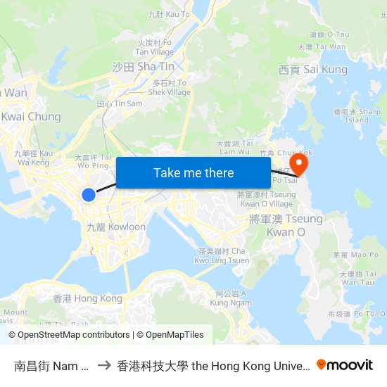 南昌街 Nam Cheong Street to 香港科技大學 the Hong Kong University Of Science And Technology map