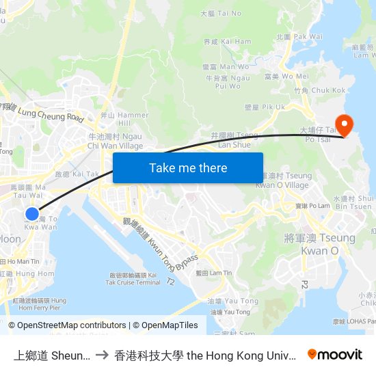 上鄉道 Sheung Heung Road to 香港科技大學 the Hong Kong University Of Science And Technology map