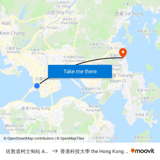 佐敦道柯士甸站 Austin Station Jordan Road to 香港科技大學 the Hong Kong University Of Science And Technology map