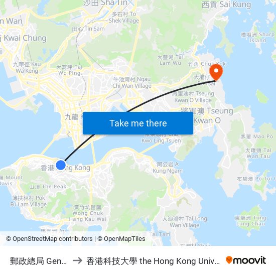 郵政總局 General Post Office to 香港科技大學 the Hong Kong University Of Science And Technology map