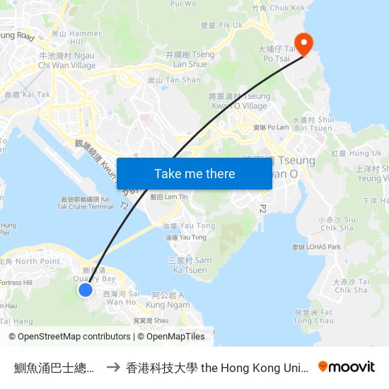 鰂魚涌巴士總站 Quarry Bay B/T to 香港科技大學 the Hong Kong University Of Science And Technology map