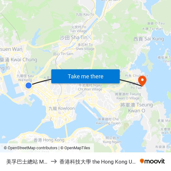 美孚巴士總站 Mei Foo Bus Terminus to 香港科技大學 the Hong Kong University Of Science And Technology map