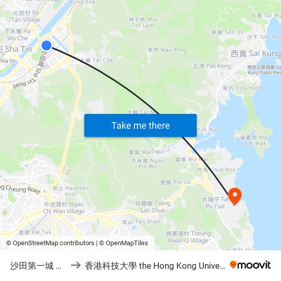 沙田第一城 City One Shatin to 香港科技大學 the Hong Kong University Of Science And Technology map