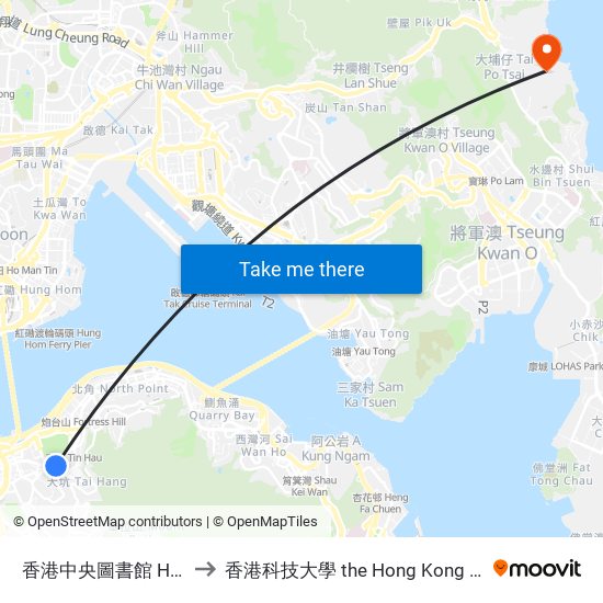 香港中央圖書館 Hong Kong Central Library to 香港科技大學 the Hong Kong University Of Science And Technology map