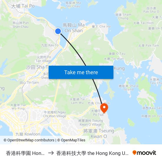 香港科學園 Hong Kong Science Park to 香港科技大學 the Hong Kong University Of Science And Technology map