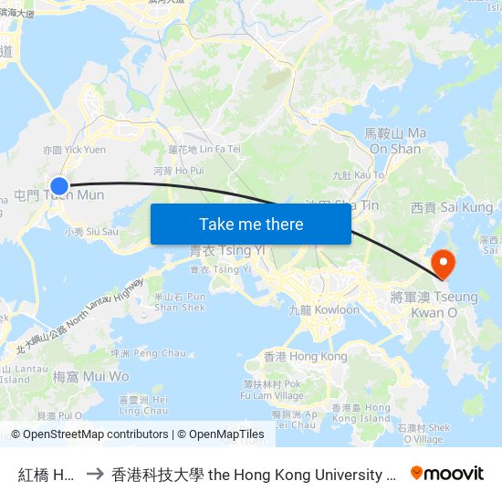 紅橋 Hung Kiu to 香港科技大學 the Hong Kong University Of Science And Technology map