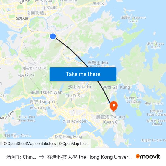 清河邨 Ching Ho Estate to 香港科技大學 the Hong Kong University Of Science And Technology map