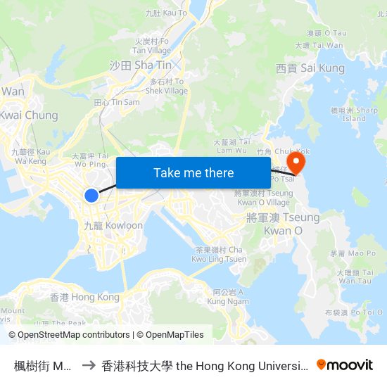 楓樹街 Maple Street to 香港科技大學 the Hong Kong University Of Science And Technology map