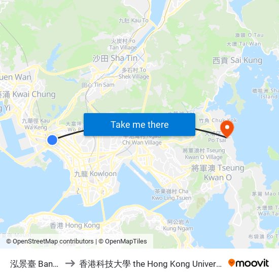 泓景臺 Banyan Gardens to 香港科技大學 the Hong Kong University Of Science And Technology map