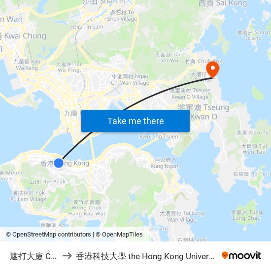 遮打大廈 Chater House to 香港科技大學 the Hong Kong University Of Science And Technology map