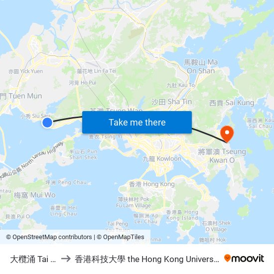 大欖涌 Tai Lam Chung to 香港科技大學 the Hong Kong University Of Science And Technology map