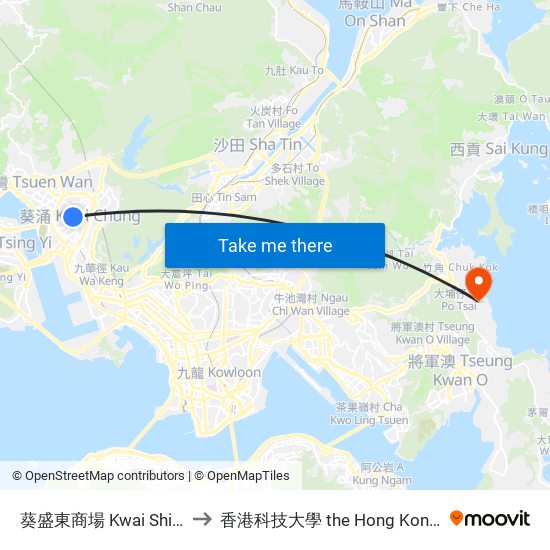 葵盛東商場 Kwai Shing East Commercial Complex to 香港科技大學 the Hong Kong University Of Science And Technology map