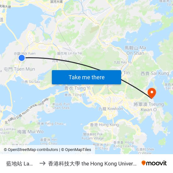 藍地站 Lam Tei  Station to 香港科技大學 the Hong Kong University Of Science And Technology map