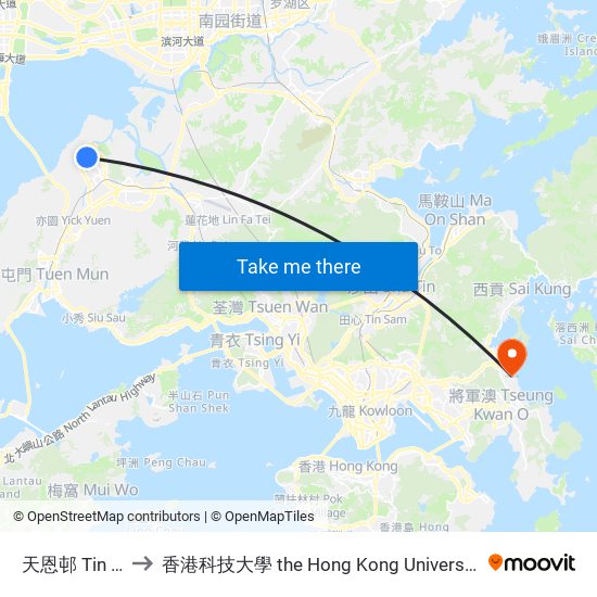 天恩邨 Tin Yan Estate to 香港科技大學 the Hong Kong University Of Science And Technology map