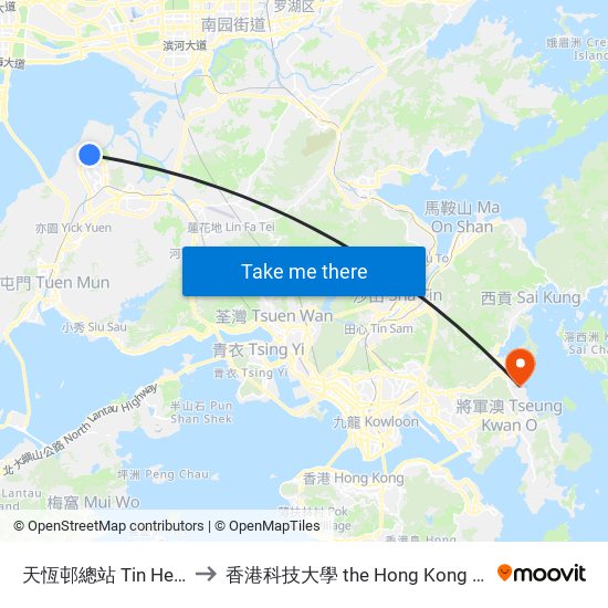 天恆邨總站 Tin Heng Estate Bus Terminus to 香港科技大學 the Hong Kong University Of Science And Technology map