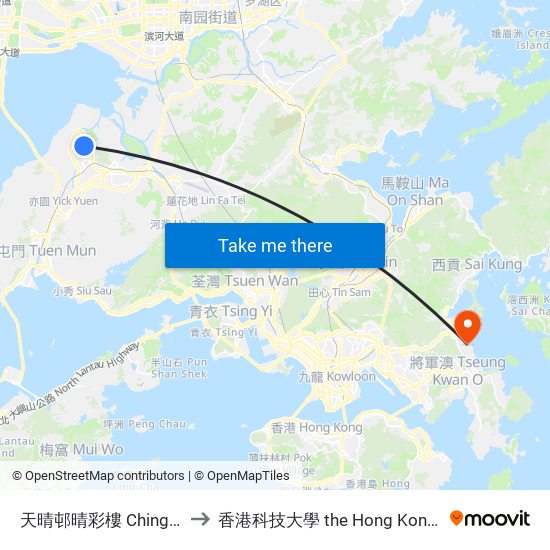 天晴邨晴彩樓 Ching Choi House Tin Ching Estate to 香港科技大學 the Hong Kong University Of Science And Technology map