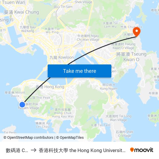 數碼港 Cyberport to 香港科技大學 the Hong Kong University Of Science And Technology map