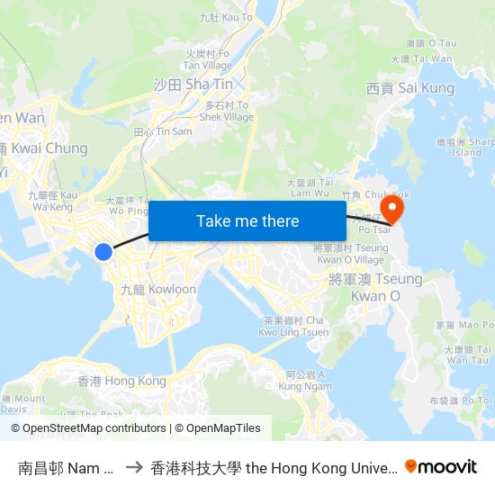 南昌邨 Nam Cheong Estate to 香港科技大學 the Hong Kong University Of Science And Technology map