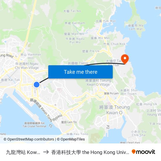 九龍灣站 Kowloon Bay Station to 香港科技大學 the Hong Kong University Of Science And Technology map