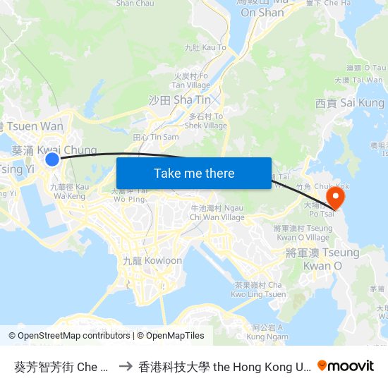 葵芳智芳街 Che Fong Street Kwai Fong to 香港科技大學 the Hong Kong University Of Science And Technology map