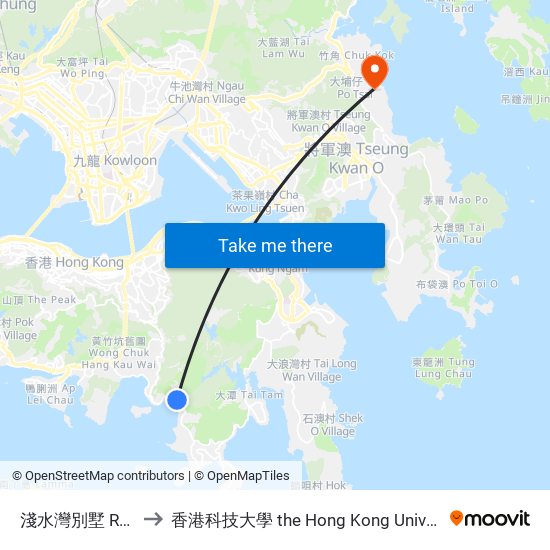 淺水灣別墅 Repulse Bay Villa to 香港科技大學 the Hong Kong University Of Science And Technology map